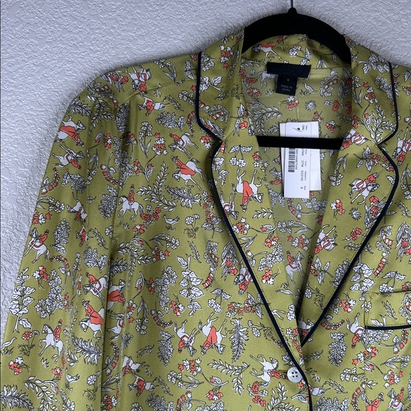 J. Crew with Drake's Horseback Rider Green 100% Silk Button Up Pajama Top Size 8 - Picture 2 of 7
